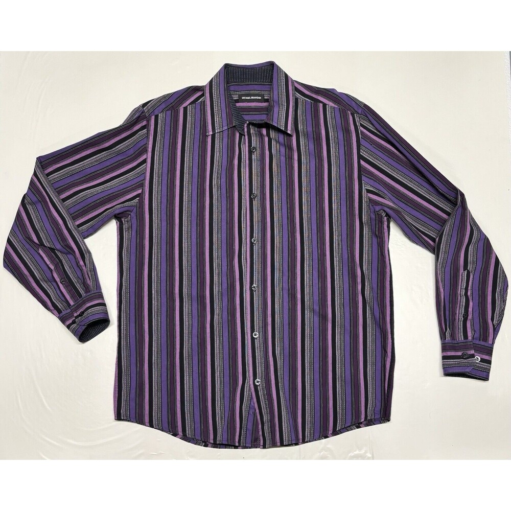 Michael Brandon Long Sleeve Mens Large Purple Stripes Button Roll Up Sleeve